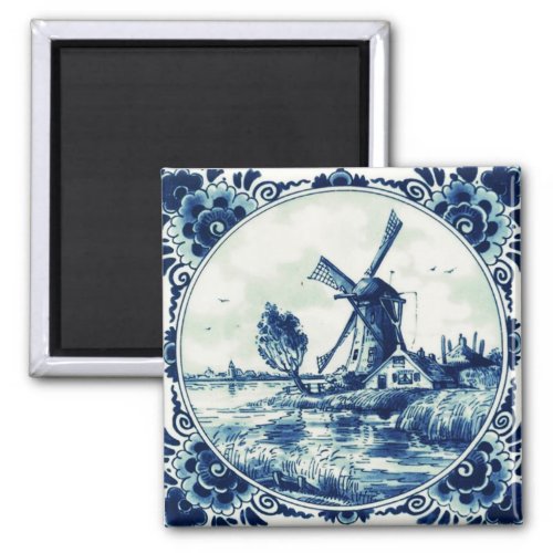 Delft Blue Vintage Windmill and Farmhouse Painting Magnet