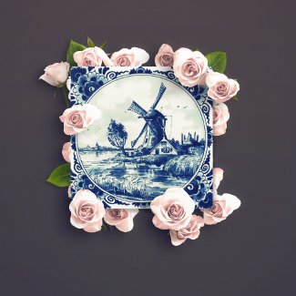 Delft Blue Vintage Windmill and Farmhouse Painting