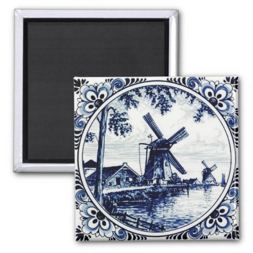 Delft Blue Vintage Windmill Farmhouse Painting Magnet