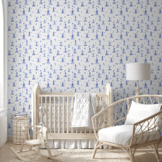 Delft Blue Watercolor Lighthouse Coastal Toile Wallpaper
