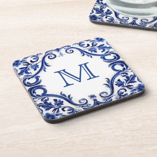 Delft blue wedding monogram  beverage coaster (Left Side)