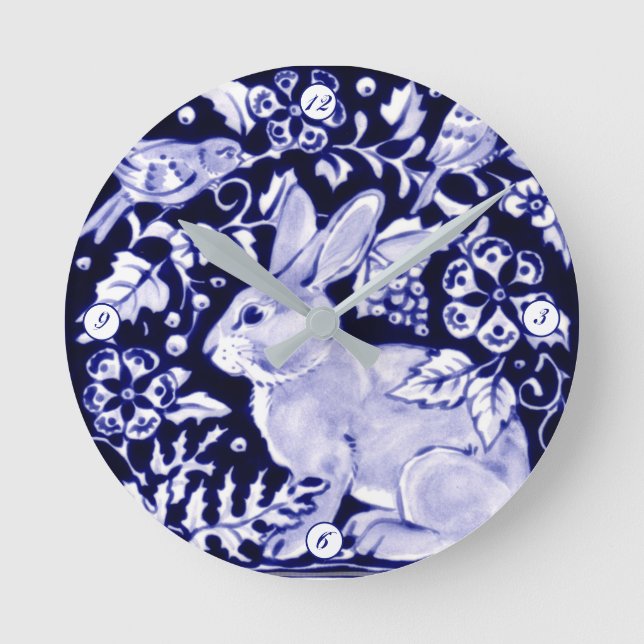 Delft Blue White Bunny Rabbit Birds Dedham Elegant Round Clock (Front)