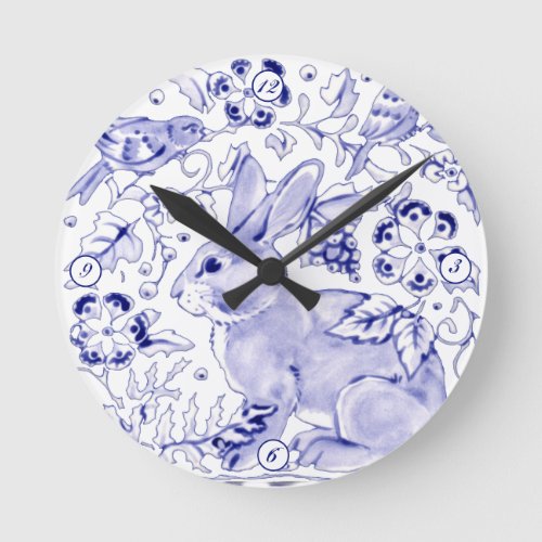 Delft Blue White Bunny Rabbit Birds Dedham Elegant Round Clock