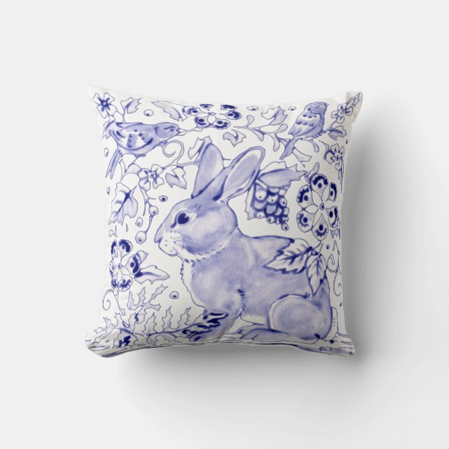 Delft Blue White Bunny Rabbit Birds Dedham Elegant Throw Pillow (Front)