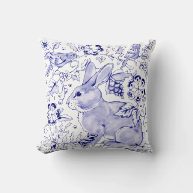 Delft Blue White Bunny Rabbit Birds Dedham Elegant Throw Pillow | Zazzle