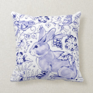 Delft Blue White Bunny Rabbit Birds Dedham Elegant Throw Pillow