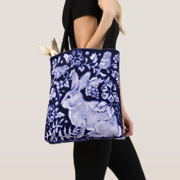 Delft Blue White Bunny Rabbit Birds Rustic Dedham Tote Bag