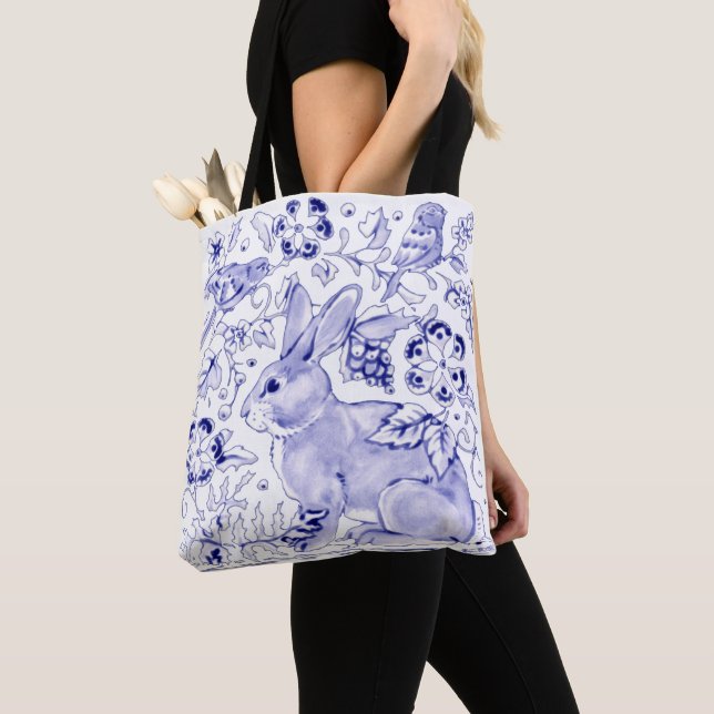 Delft Blue White Bunny Rabbit Birds Rustic Dedham Tote Bag (Close Up)