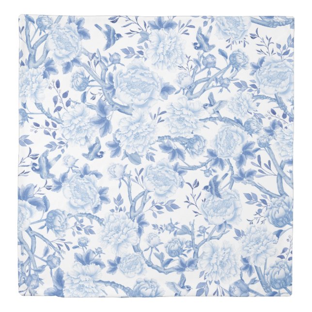 Delft Blue White Chinoiserie Bird Peonies Garden Duvet Cover (Front)