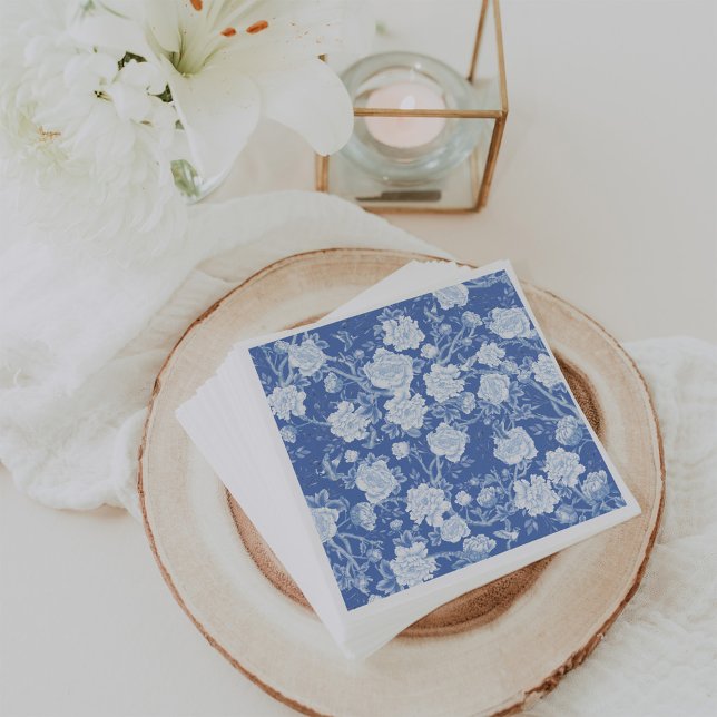 Delft Blue White Chinoiserie Bird Peonies Garden Napkins (Creator Uploaded)