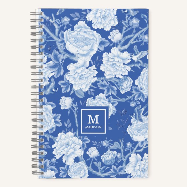 Delft Blue White Chinoiserie Bird Peonies Monogram Notebook (Front)
