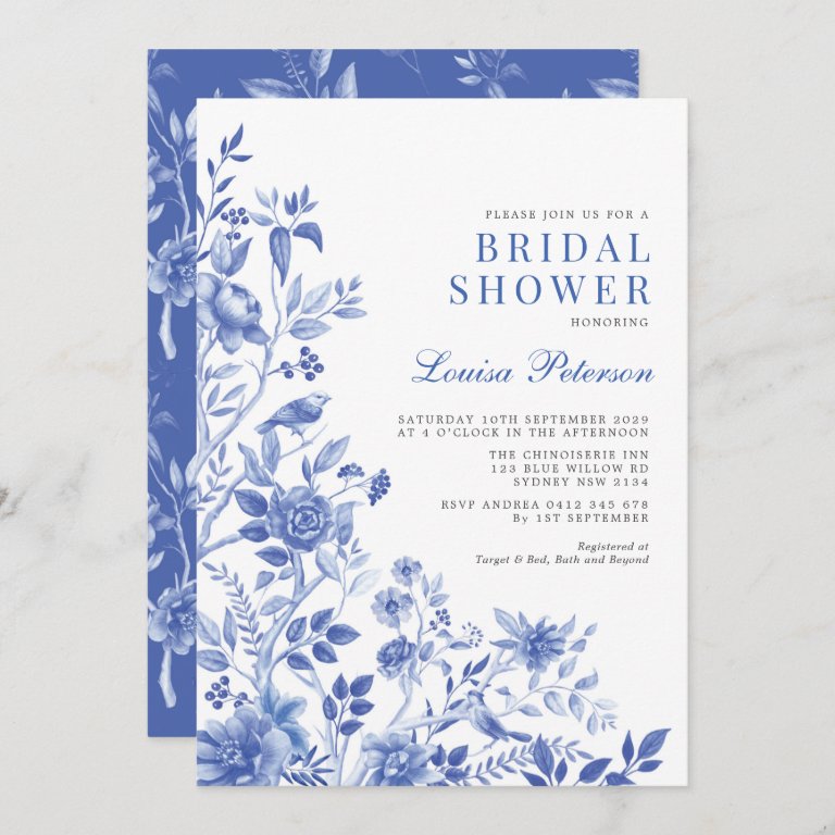 Delft Blue White Chinoiserie Floral Bridal Shower                    Invitation