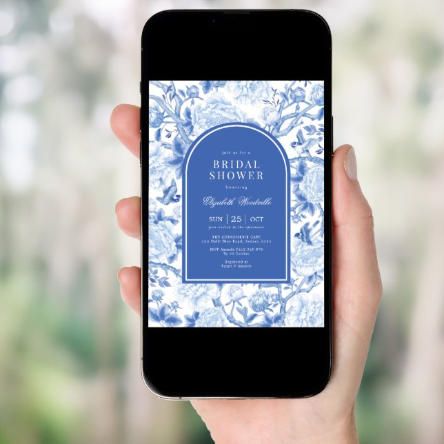 Delft Blue White Chinoiserie Floral Bridal Shower Invitation (Front Digital)