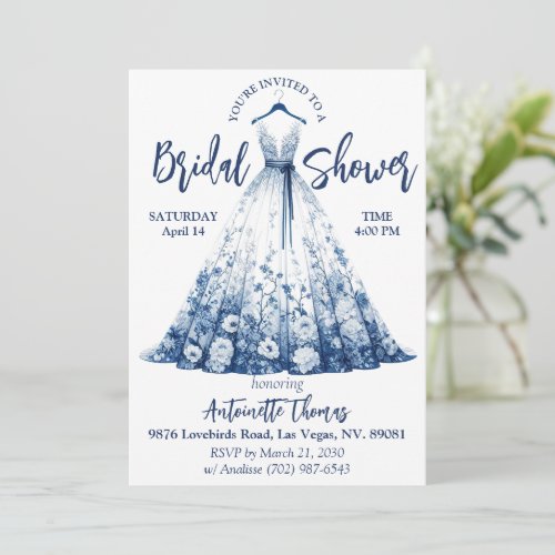Delft BlueWhite Chinoiserie Floral Bridal Shower Invitation