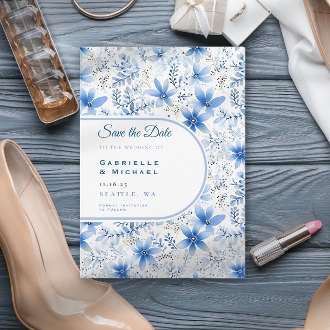 Delft Blue White Chinoiserie Floral Pattern  Save The Date (Creator Uploaded)