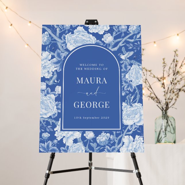Delft Blue White Chinoiserie Peony Wedding Welcome Foam Board (In Situ (Stand))