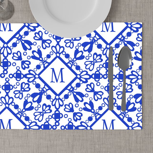 Delft-Blue White Custom Monogram Cloth Placemat (Creator Uploaded)