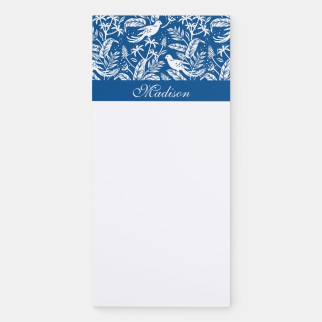 Delft Blue White Floral Birds Elegant Script Name Magnetic Notepad (Front)
