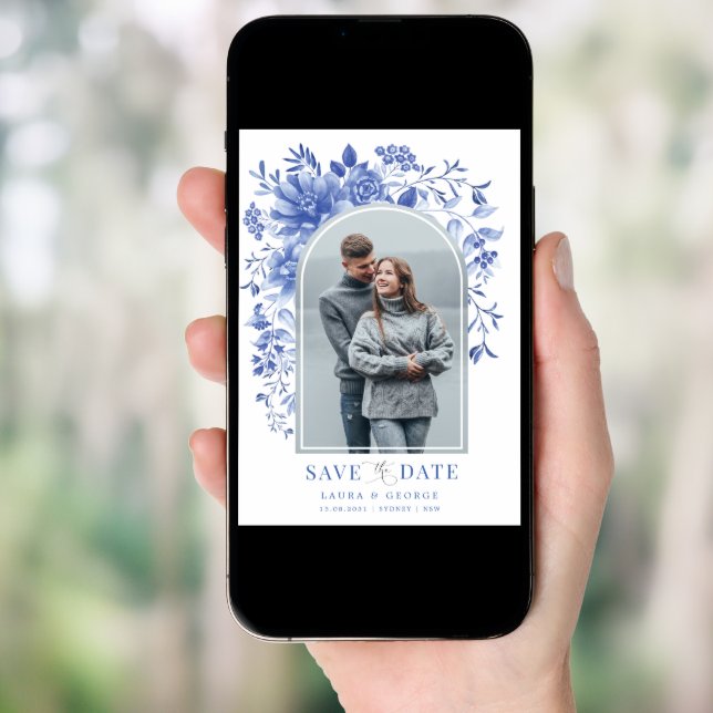 Delft Blue White Floral Chinoiserie Save the Date Invitation (Front Digital)