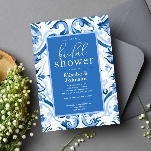 Delft Blue White Floral Modern Bridal Shower Invitation