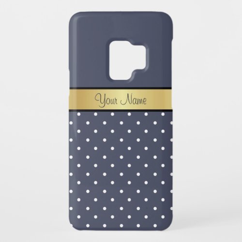 Delft Blue White Polka Dots Chic Gold Ribbon Name Case_Mate Samsung Galaxy S9 Case