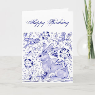 Delft Blue White Rabbit Birds Dedham Birthday Card