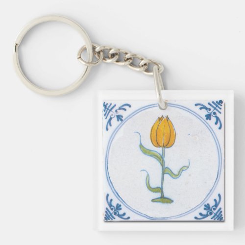 Delft Blue White Yellow Tulip Faux Tile Keychain