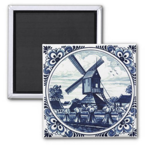 Delft Blue Windmill and Haystacks Painting Magnet
