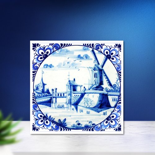 Delft Blue Windmill Bridge and Waterways Ceramic Tile