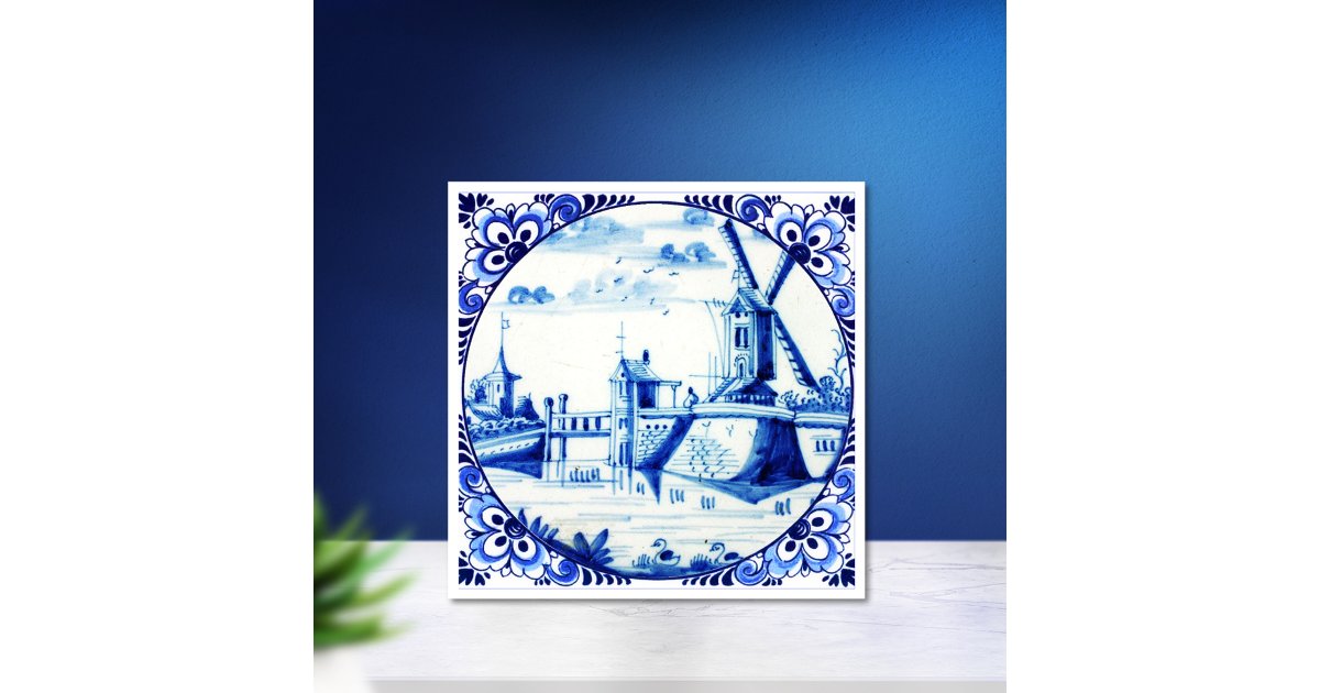 Delft Blue Windmill Bridge and Waterways Ceramic Tile | Zazzle