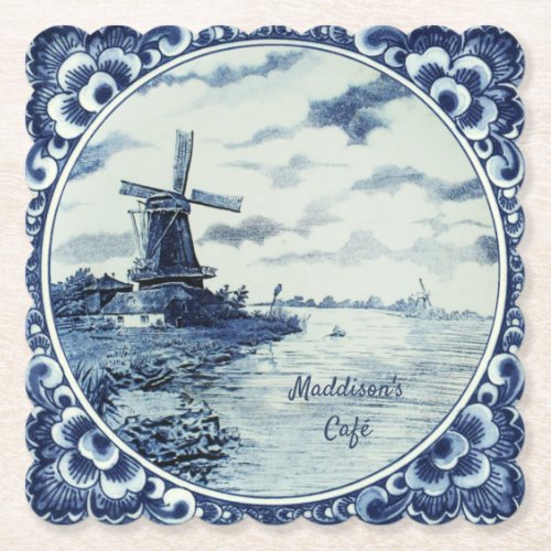 Delft Blue Windmill Waterway Custom Paper Coaster