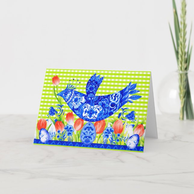 Delft Bluebird and Tulips Greeting Card (Front)