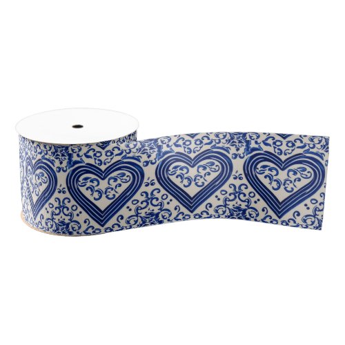 Delft China Style Blue Hearts _ Vintage Painted Grosgrain Ribbon