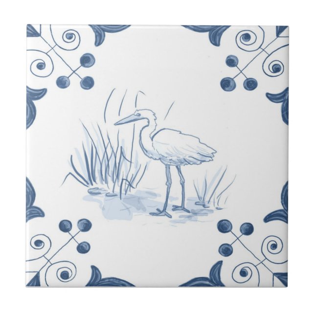 Delft Crane Tile with Scroll Corners (Front)