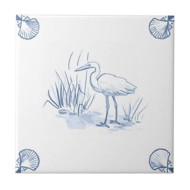 Delft Crane Tile with Shell Corners (Front)
