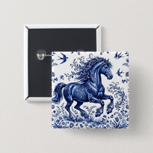 Delft Delftware Style Friesian Horse in Meadow Button