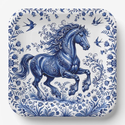 Delft Delftware Style Friesian Horse in Meadow Paper Plates