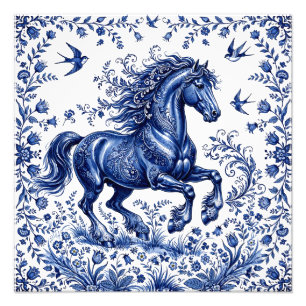 Delft Delftware Style Friesian Horse in Meadow Photo Print