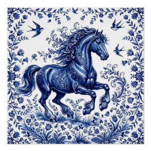 Delft Delftware Style Friesian Horse in Meadow Poster