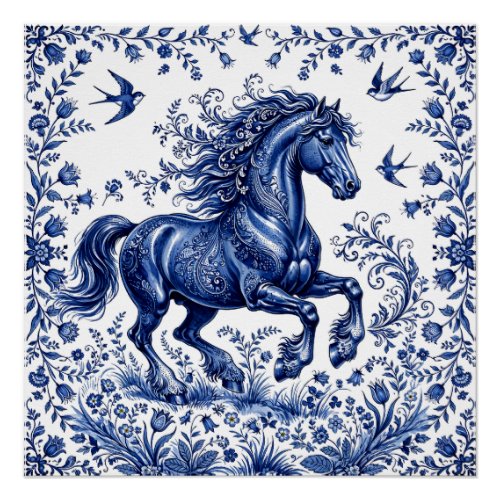 Delft Delftware Style Friesian Horse in Meadow Poster