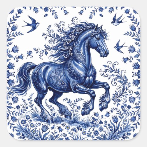 Delft Delftware Style Friesian Horse in Meadow Square Sticker