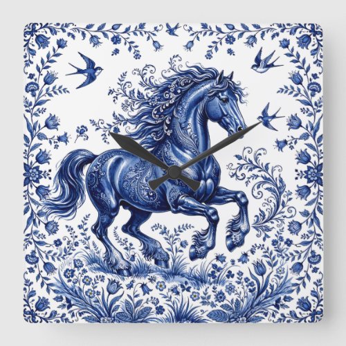 Delft Delftware Style Friesian Horse in Meadow Square Wall Clock