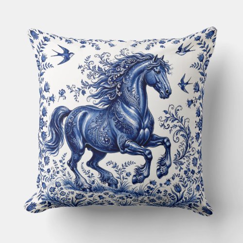 Delft Delftware Style Friesian Horse in Meadow Throw Pillow