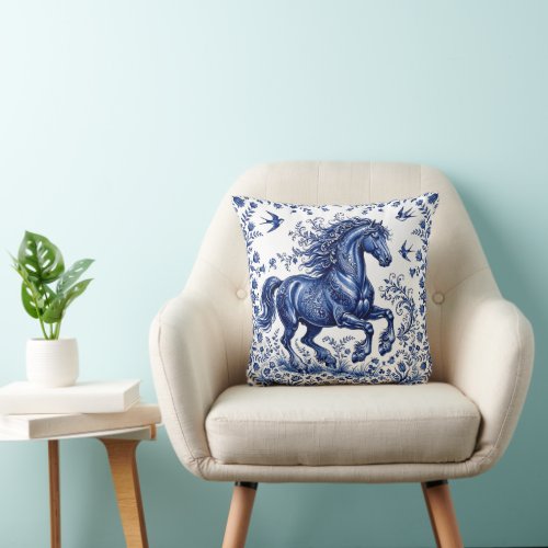 Delft Delftware Style Friesian Horse in Meadow Throw Pillow