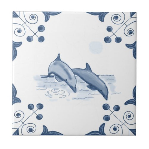 Delft Dolphins Tile with Scroll Corners