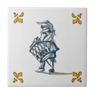 Delft Drummer Tile c 1890 in Blue, Gray, & Yellow