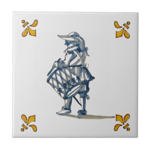 Delft Drummer Tile c 1890 in Blue Gray  Yellow