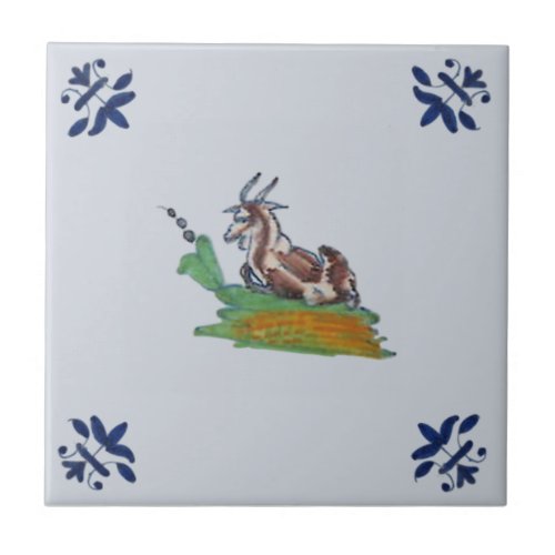 Delft Farm Animal Goat Blue Multi Repro c 1650  Ceramic Tile