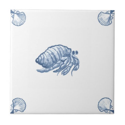 Delft Hermit Crab Tile with Shell Corners