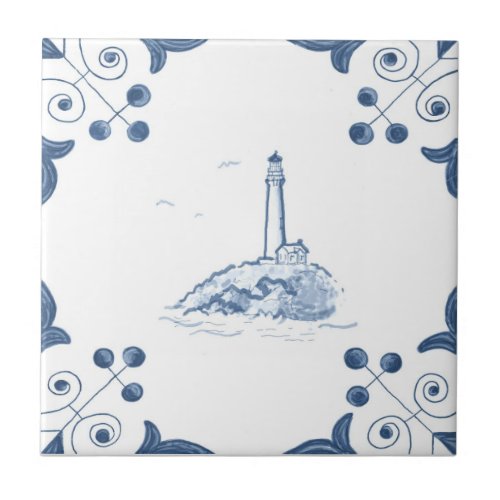 Delft Lighthouse Tile with Scroll Corners